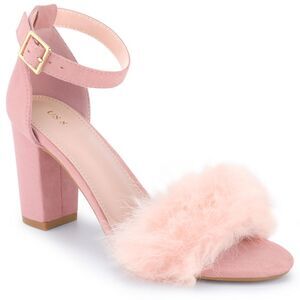 Fluffy Feather Ankle Strap Block Heel Fur Heels Sandal Light Pink